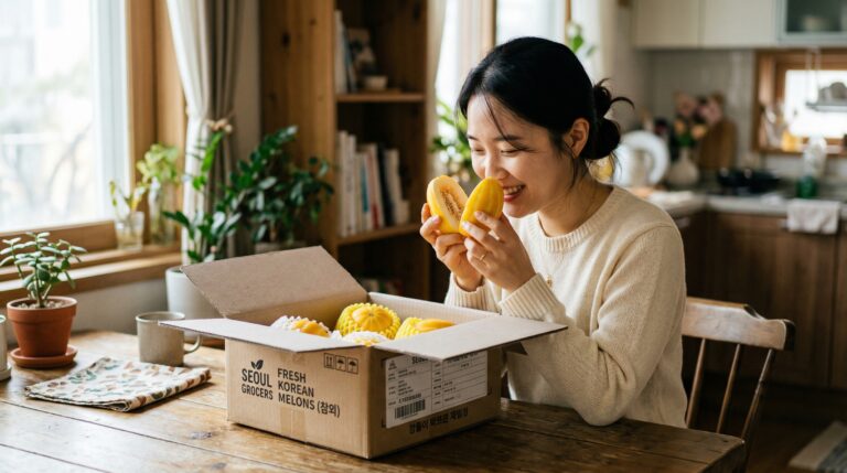 새댁이 참외 박스 열고 참외 냄새를 맡고 웃는 모습